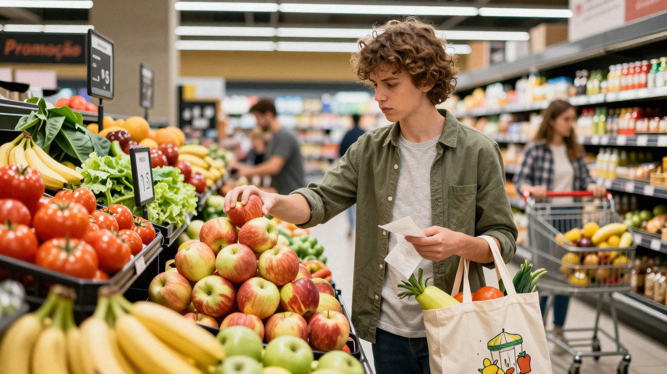 Jovem segurando lista de compras e escolhendo maçãs em feira de supermercado com sacola ecológica.