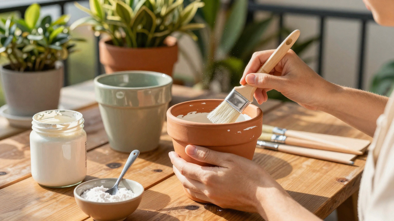 Pessoa pintando vaso de cerâmica com tinta branca em mesa de madeira com plantas ao fundo.