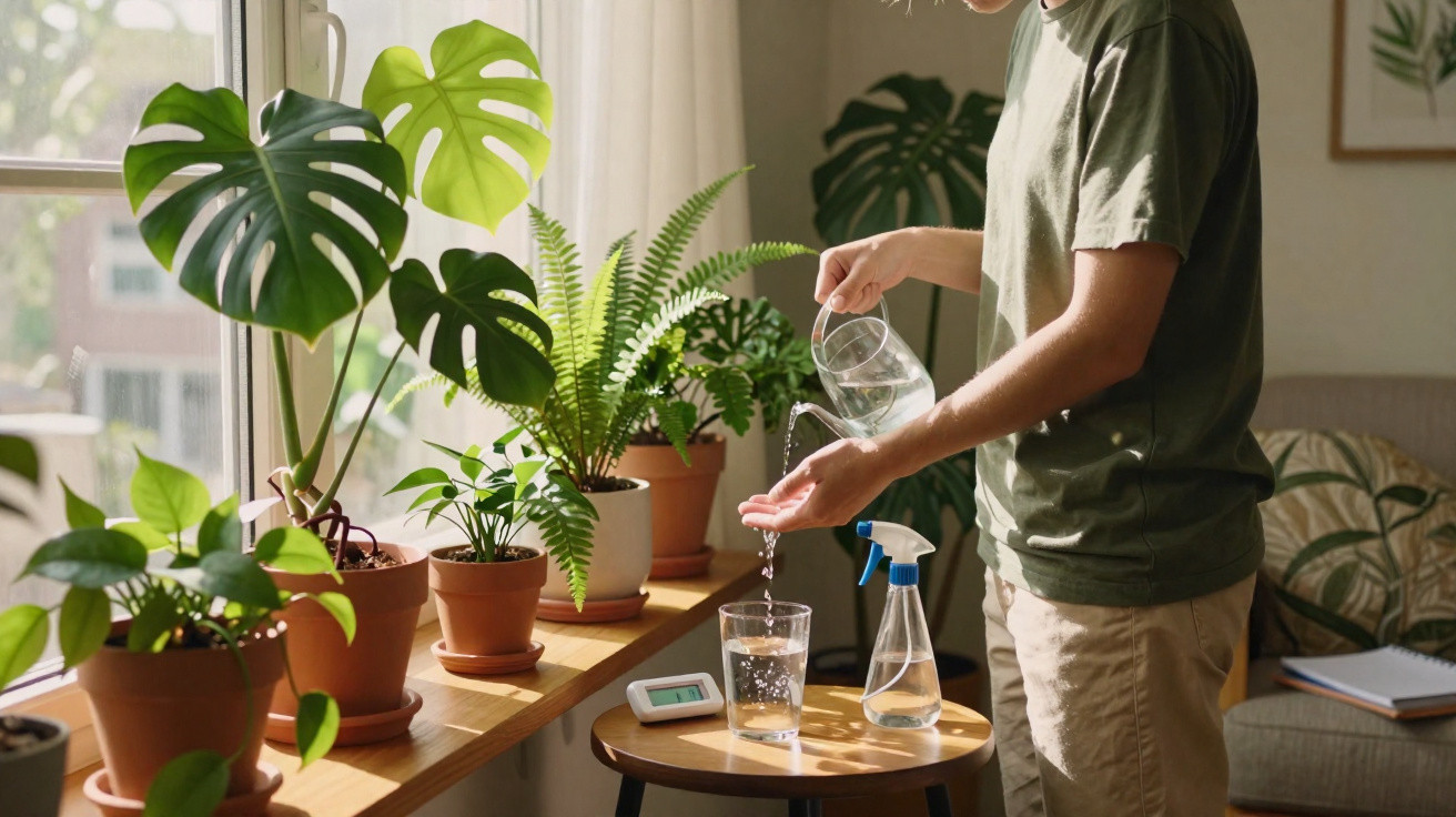 Pessoa regando plantas em vasos no parapeito da janela em ambiente interno iluminado pela luz natural.