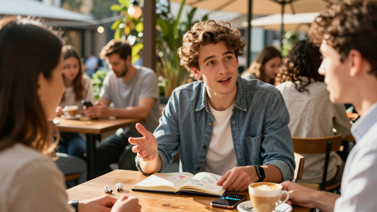 Jovem discutindo ideias em caderno aberto enquanto conversa com duas pessoas em cafeteria iluminada.