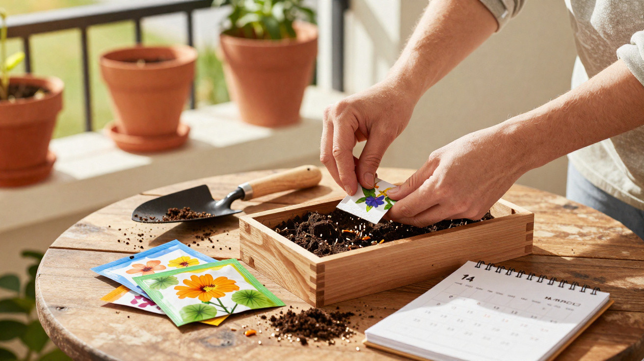 Mãos plantando sementes em caixa de madeira, pacotes de sementes, pá de jardinagem e calendário na mesa.