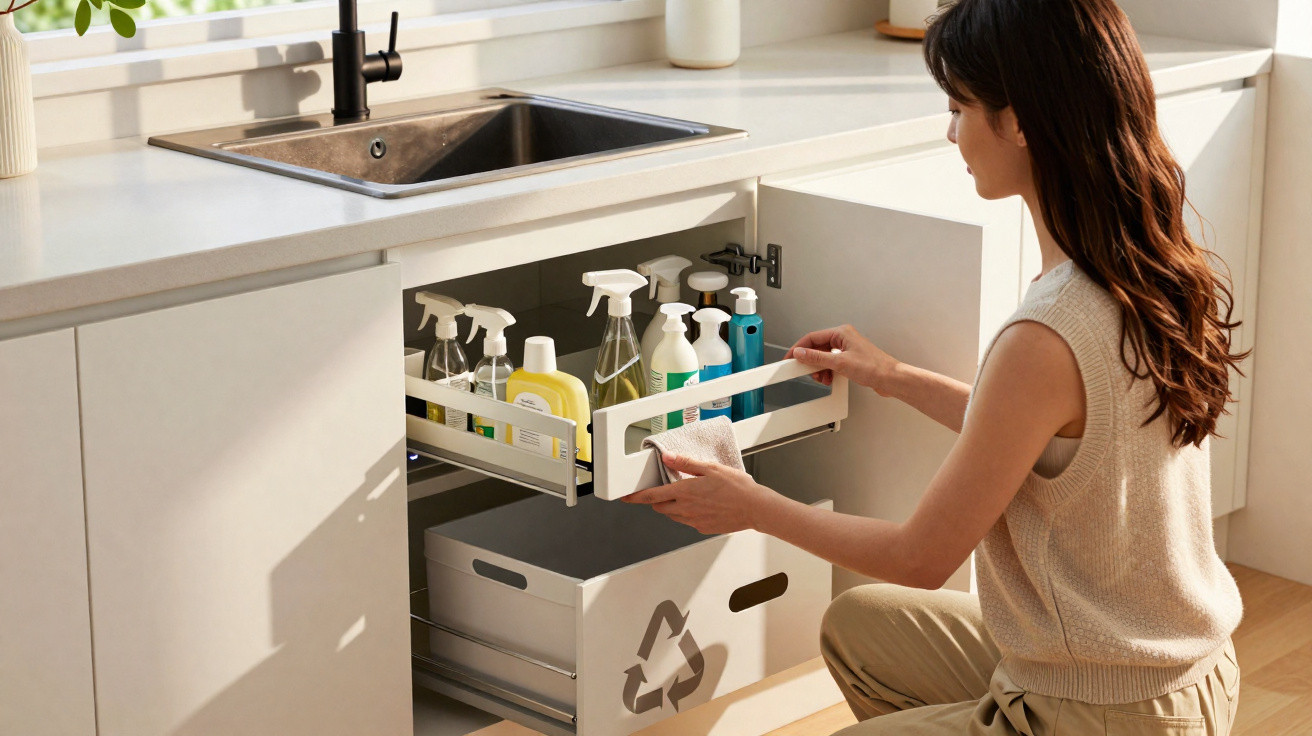 Mulher organizando produtos de limpeza embaixo da pia da cozinha, ambiente claro e moderno.
