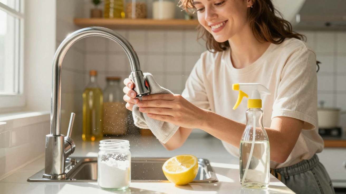 Mulher limpando torneira da cozinha com pano, perto de limão e produtos de limpeza.