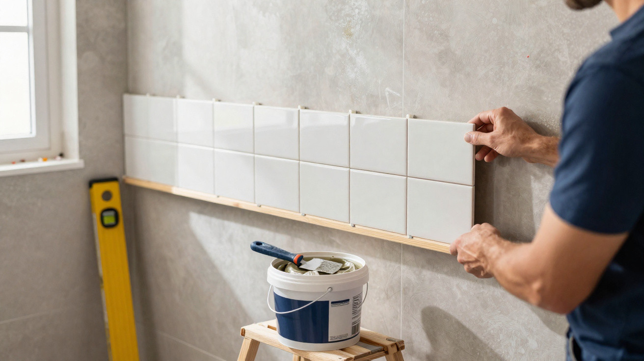 Pessoa instalando azulejos brancos em parede cinza com balde de argamassa e nível próximo.