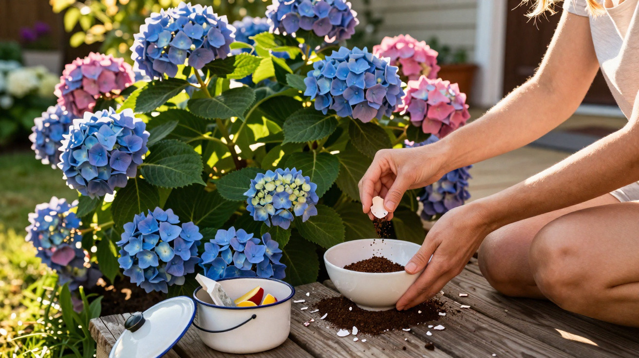 Pessoa preparando vaso com terra e sementes ao ar livre, ao lado de hortênsias azuis e rosas floridas