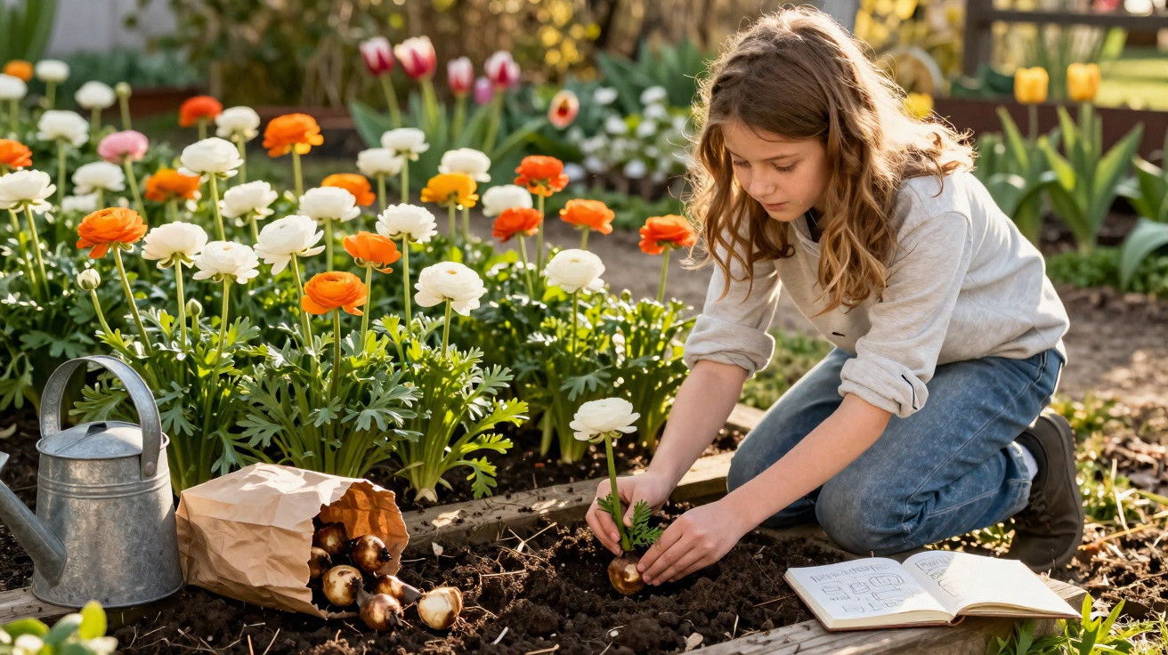 Menina plantando flor em canteiro ao ar livre, com regador, bulbos e caderno ao lado.