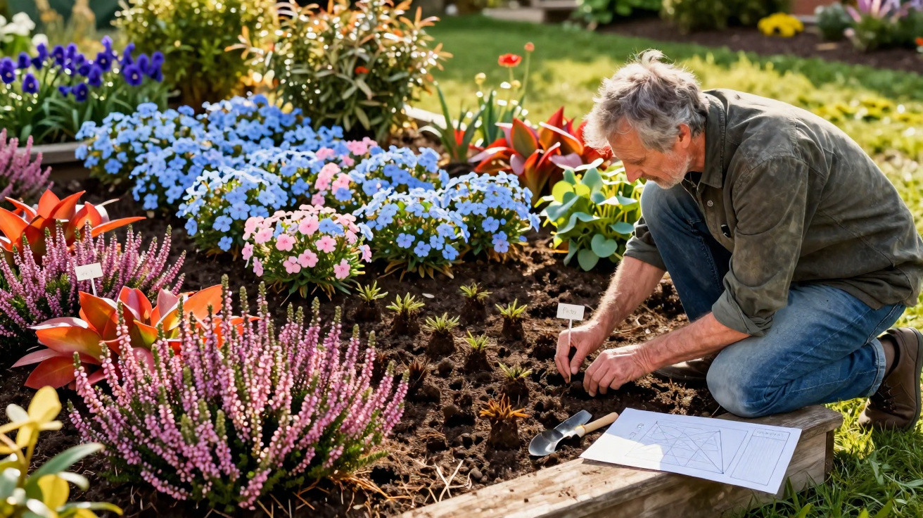 Homem idoso cuidando de flores em canteiro colorido em jardim ensolarado.
