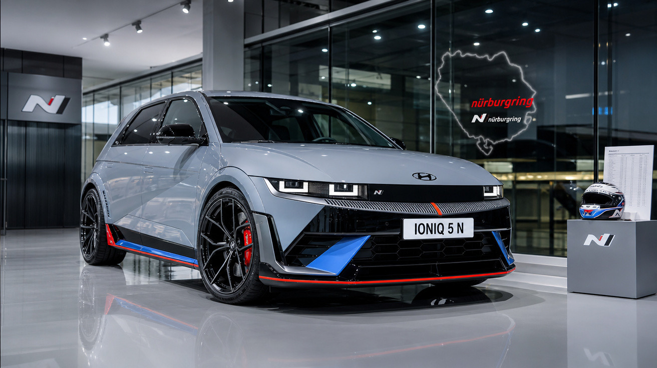 Carro Hyundai Ioniq 5 N cinza com detalhes em azul e vermelho em showroom moderno.