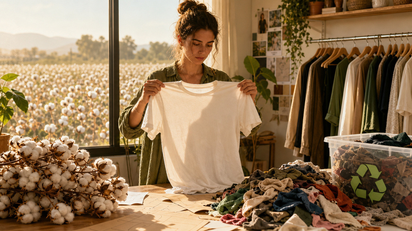 Mulher revisa camiseta branca em ambiente com algodão, roupas e caixa de recicláveis em estúdio iluminado.