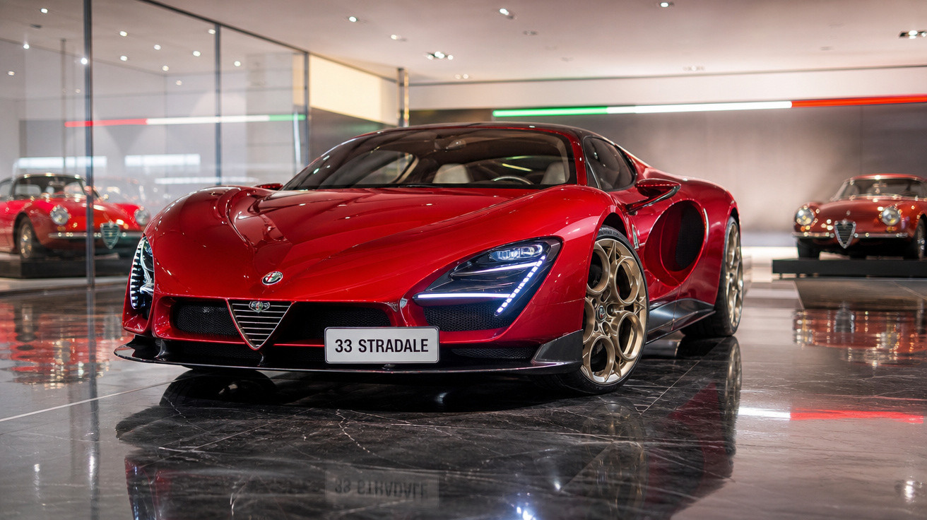 Carro esportivo vermelho Alfa Romeo 33 Stradale em exposição com piso espelhado e carros antigos ao fundo.