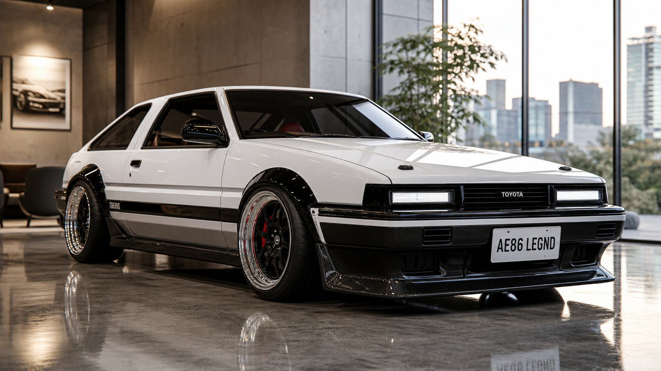Carro esportivo Toyota AE86 branco com detalhes pretos, rodas largas e placa personalizada em ambiente interno moderno.