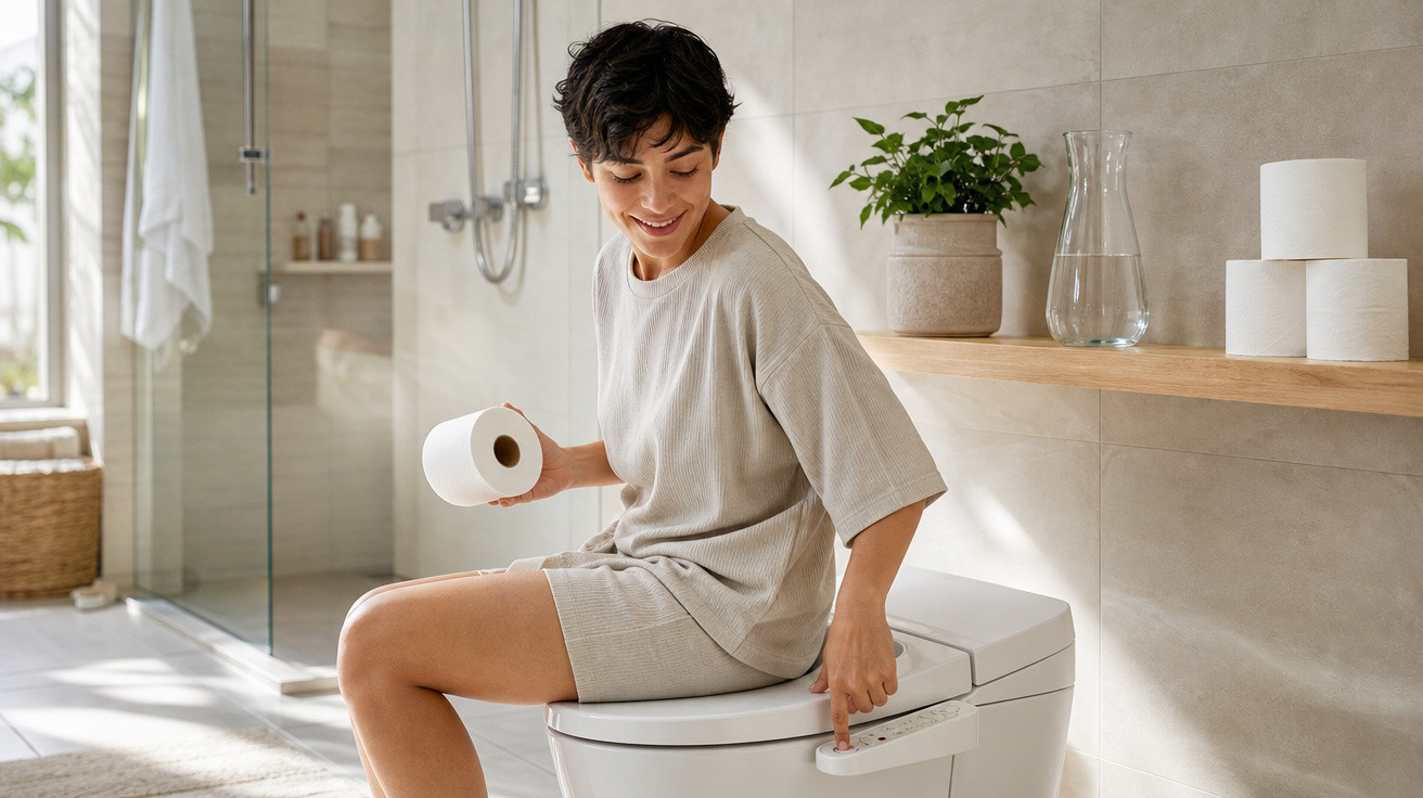 Pessoa sorrindo sentada em vaso sanitário moderno, segurando papel higiênico e acionando controle lateral.