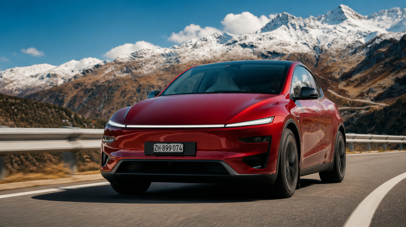 Carro elétrico vermelho moderno dirigindo em estrada sinuosa com montanhas nevadas ao fundo.