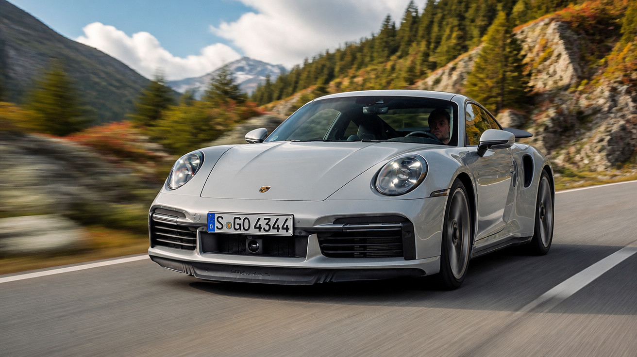 Carro esportivo Porsche branco em alta velocidade em estrada cercada de árvores e montanhas.