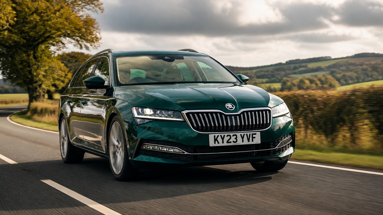 Carro sedan verde escuro da Skoda dirigindo em estrada rural sinuosa sob céu nublado.
