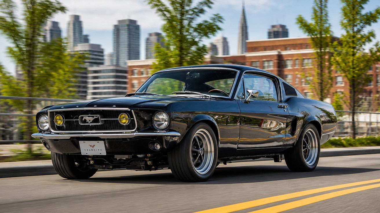 Carro clássico Ford Mustang preto em movimento em rua urbana com prédios ao fundo.