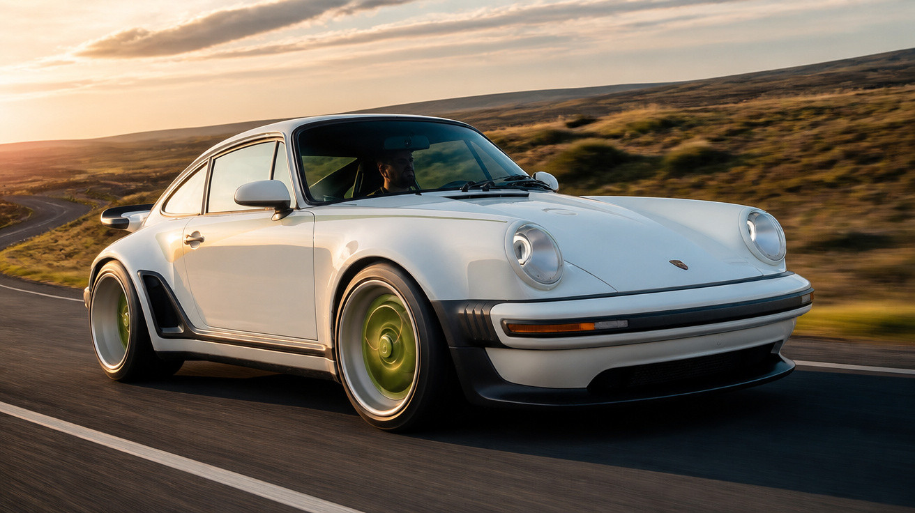 Carro esportivo branco clássico Porsche dirigindo em estrada ao pôr do sol com campo ao fundo.