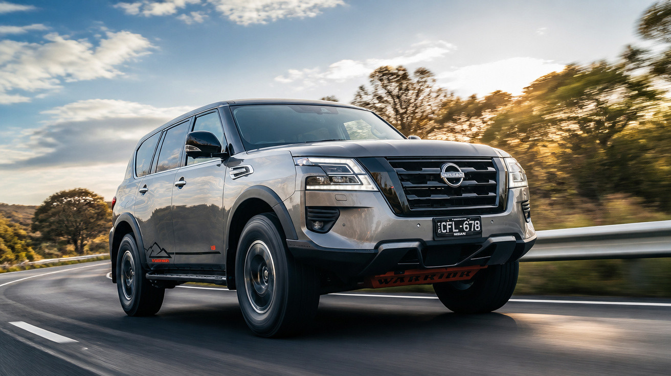 SUV cinza da Nissan em estrada curva com vegetação ao fundo e céu azul com nuvens.