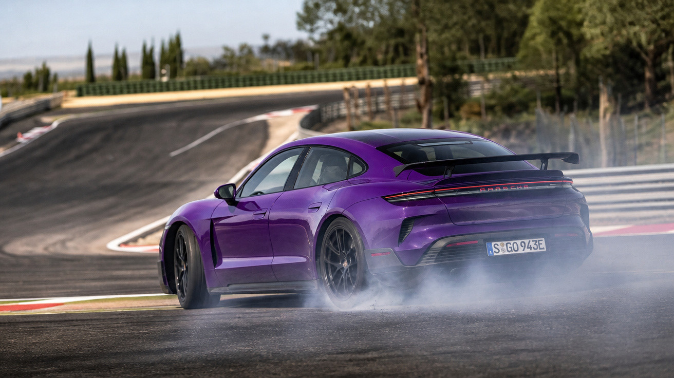 Carro esportivo roxo fazendo derrapagem em pista de corrida asfaltada com fumaça saindo dos pneus.