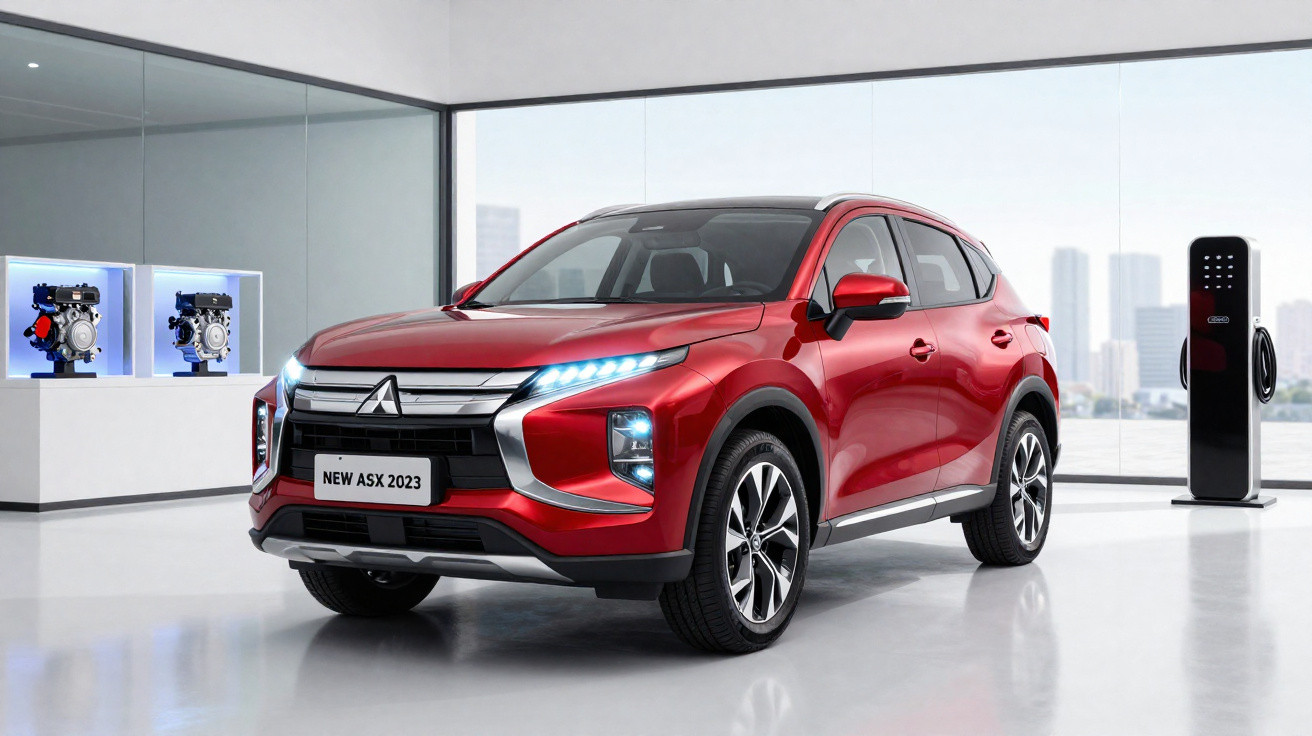SUV vermelho Mitsubishi ASX 2023 em ambiente interno branco com luzes acesas e estação de recarga elétrica.