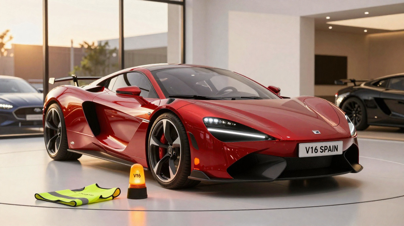 Carro esportivo vermelho com faróis acesos em ambiente interno, colete refletivo e cone ao lado.