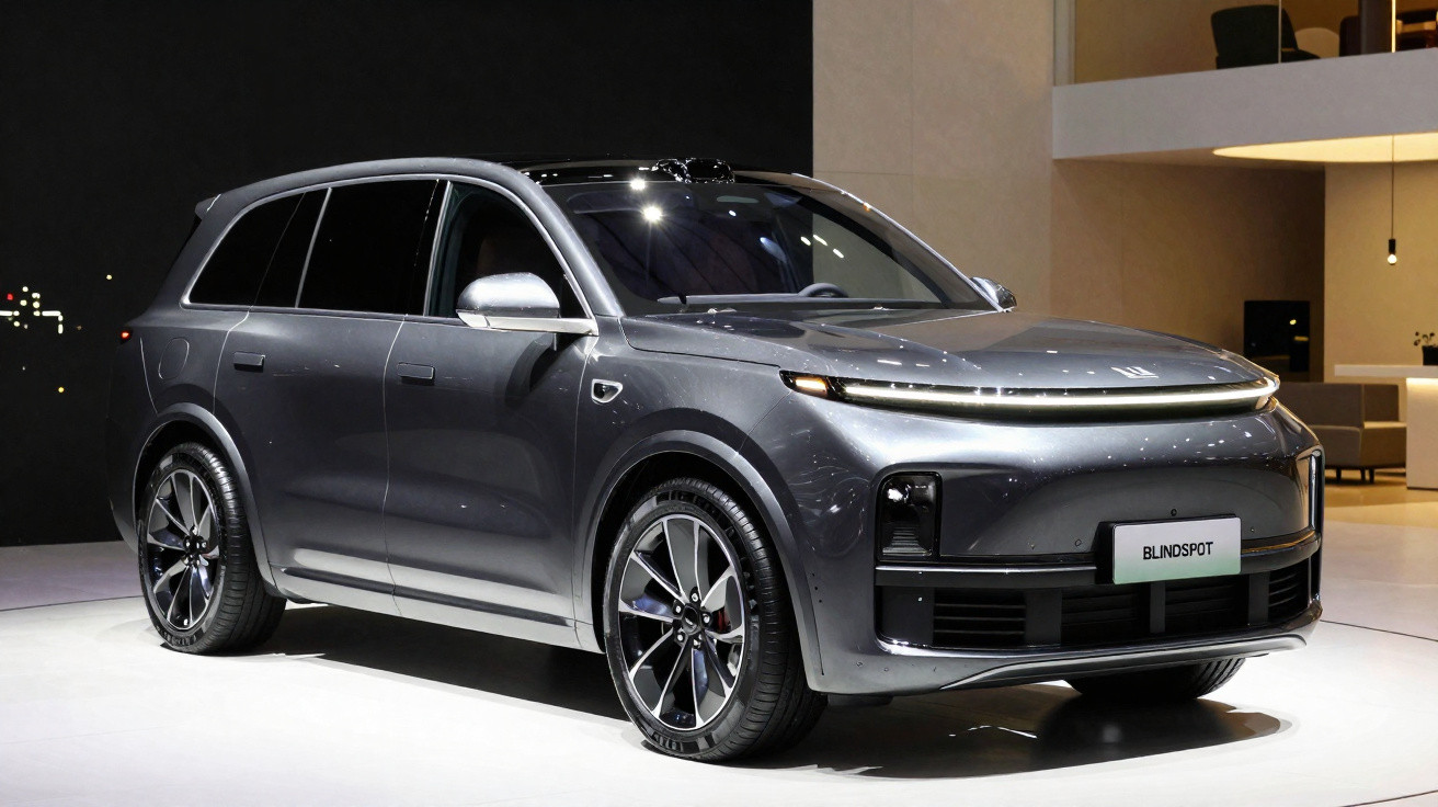 SUV cinza metálico moderno Blindspot exposto em salão com iluminação interna e parede preta ao fundo.