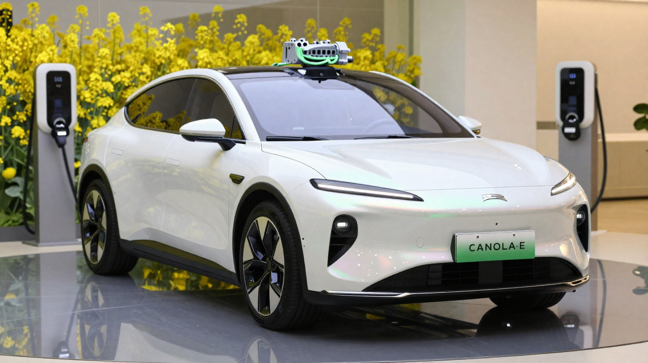 Carro elétrico branco Canola-E exibido com dois carregadores e flores amarelas ao fundo.