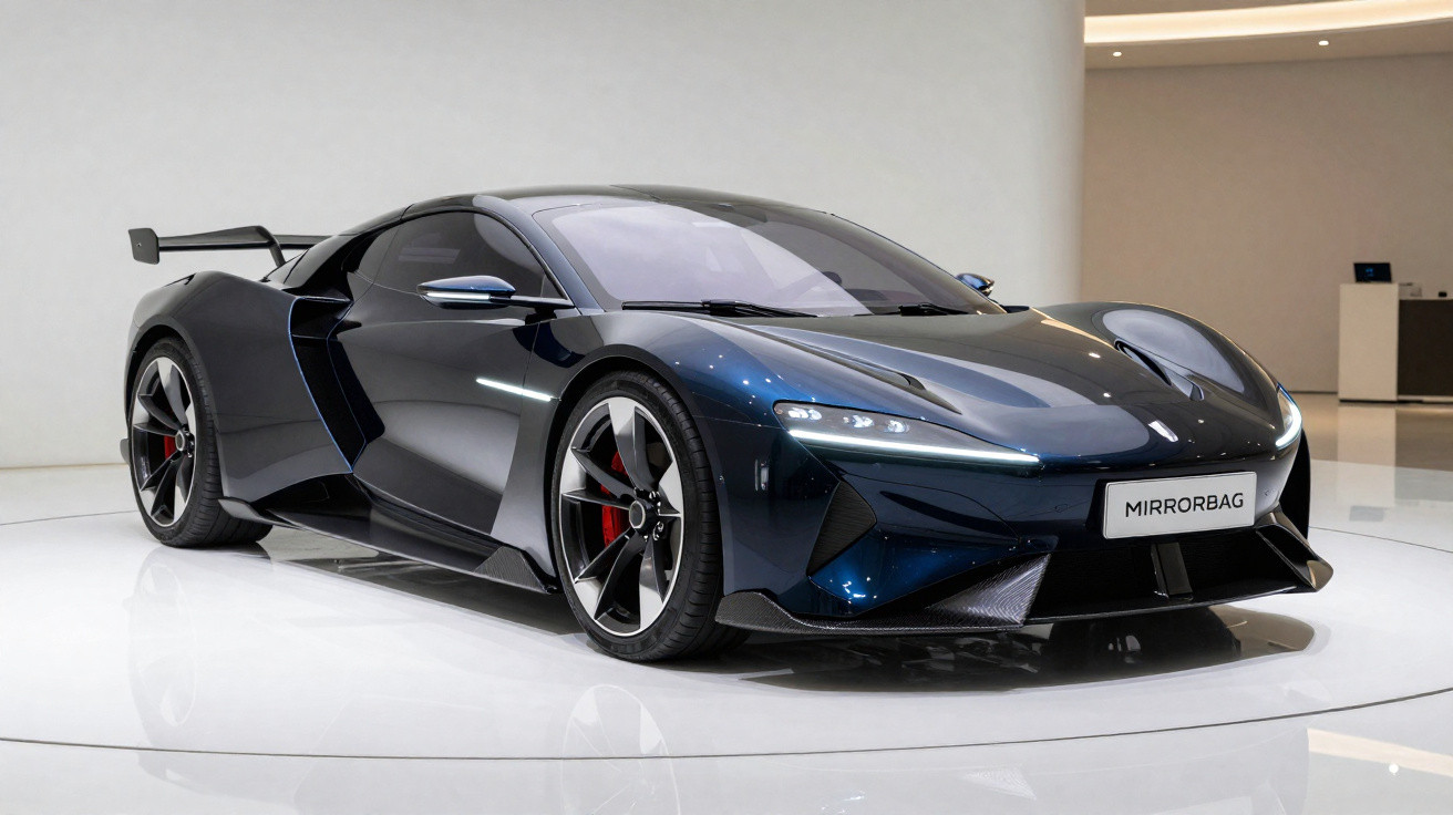 Carro esportivo elétrico azul escuro com design futurista em exibição em ambiente interno branco.