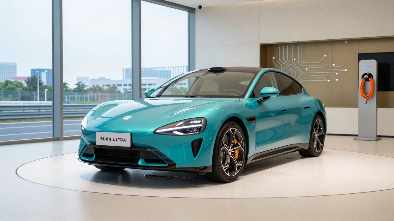 Carro elétrico azul Sumit Ultra em showroom moderno com estação de recarga ao fundo.