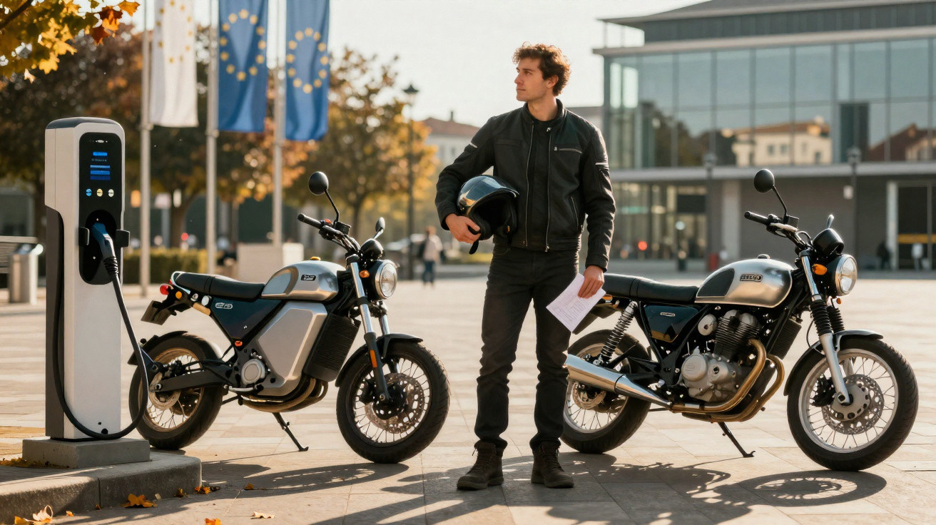 Homem com jaqueta preta entre motos, uma elétrica em carregador e outra tradicional estacionadas ao ar livre.