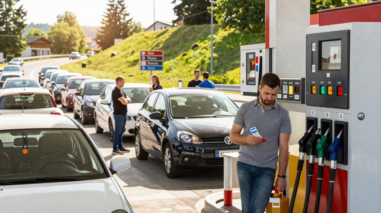 Homem na bomba de combustível com várias filas de carros esperando para abastecer em posto de gasolina.