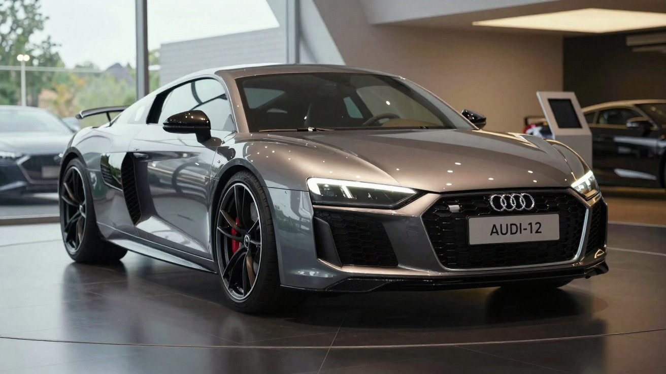 Carro esportivo Audi cinza estacionado em showroom com luzes acesas e detalhes em preto.