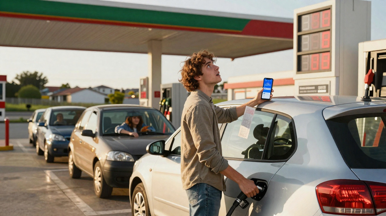 Homem abastecendo carro em posto com fila de veículos ao fundo em dia ensolarado.