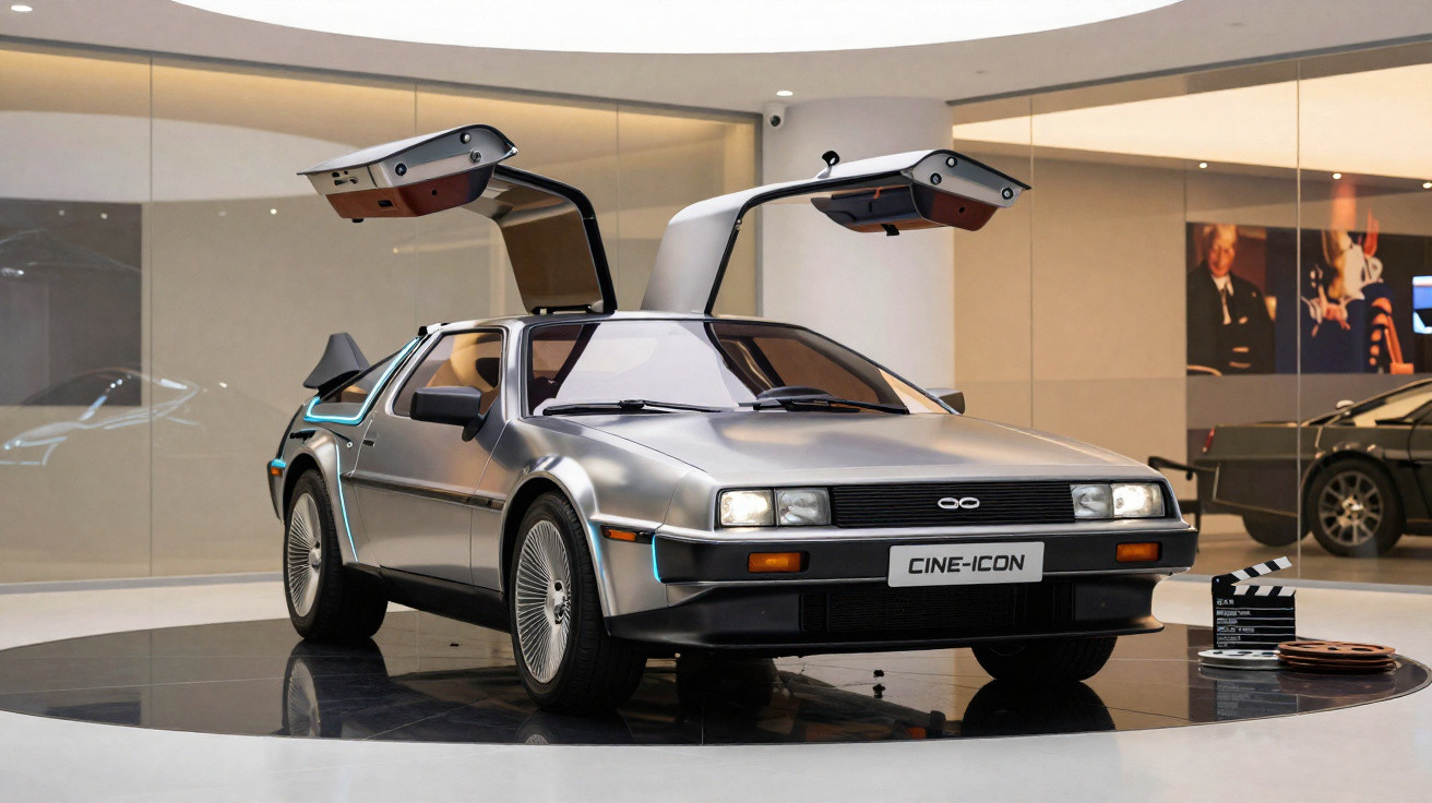 Carro esportivo prateado clássico com portas em asa de gaivota em exibição em museu moderno.
