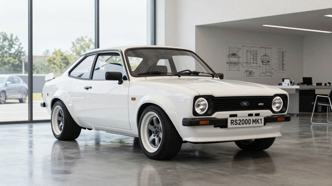 Carro esportivo clássico branco Ford RS2000 MK1 em showroom moderno com piso refletivo.