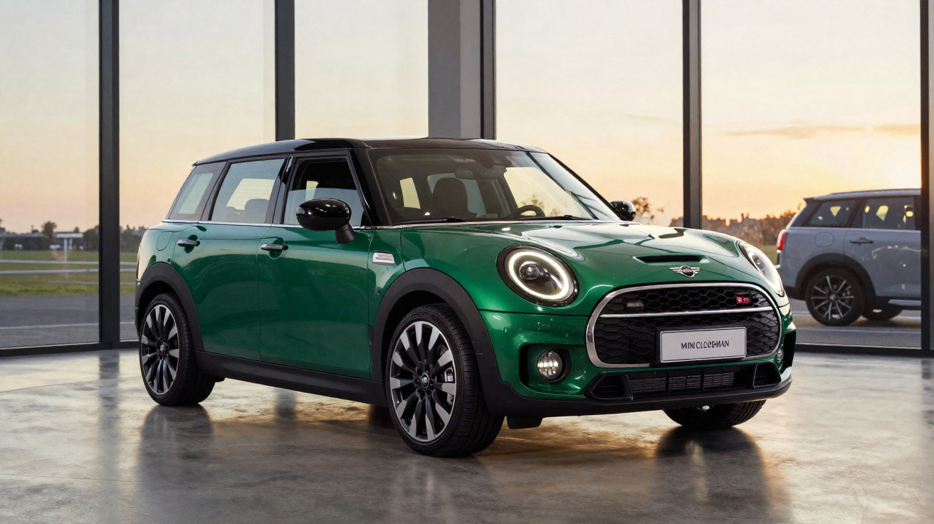 Carro Mini Clubman verde escuro com teto preto exibido em showroom com amplas janelas ao pôr do sol.