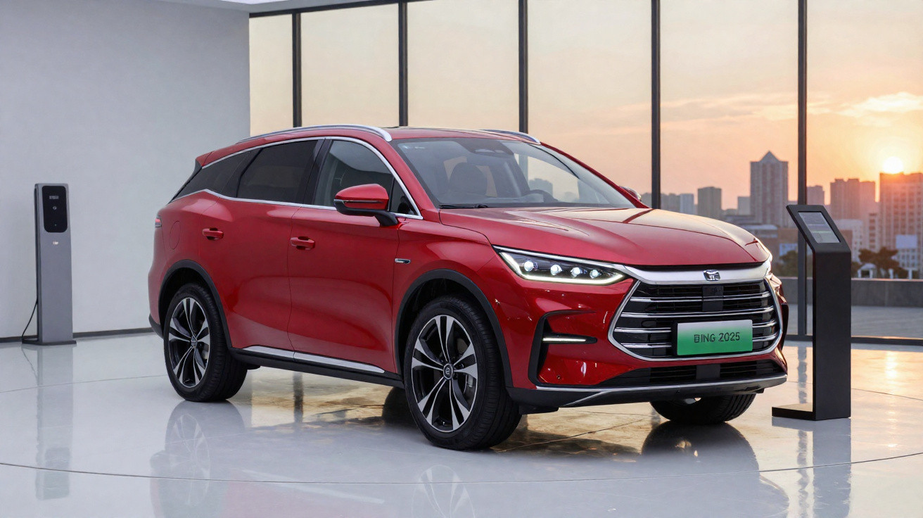 SUV elétrico vermelho estacionado dentro de prédio moderno com vidro e pôr do sol ao fundo.