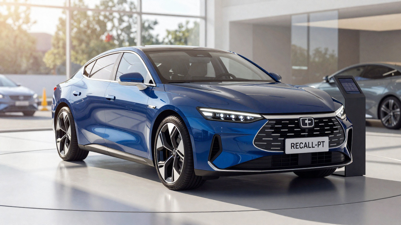 Carro elétrico azul em exposição moderna com luz natural e placa personalizada "RECALL-PT".