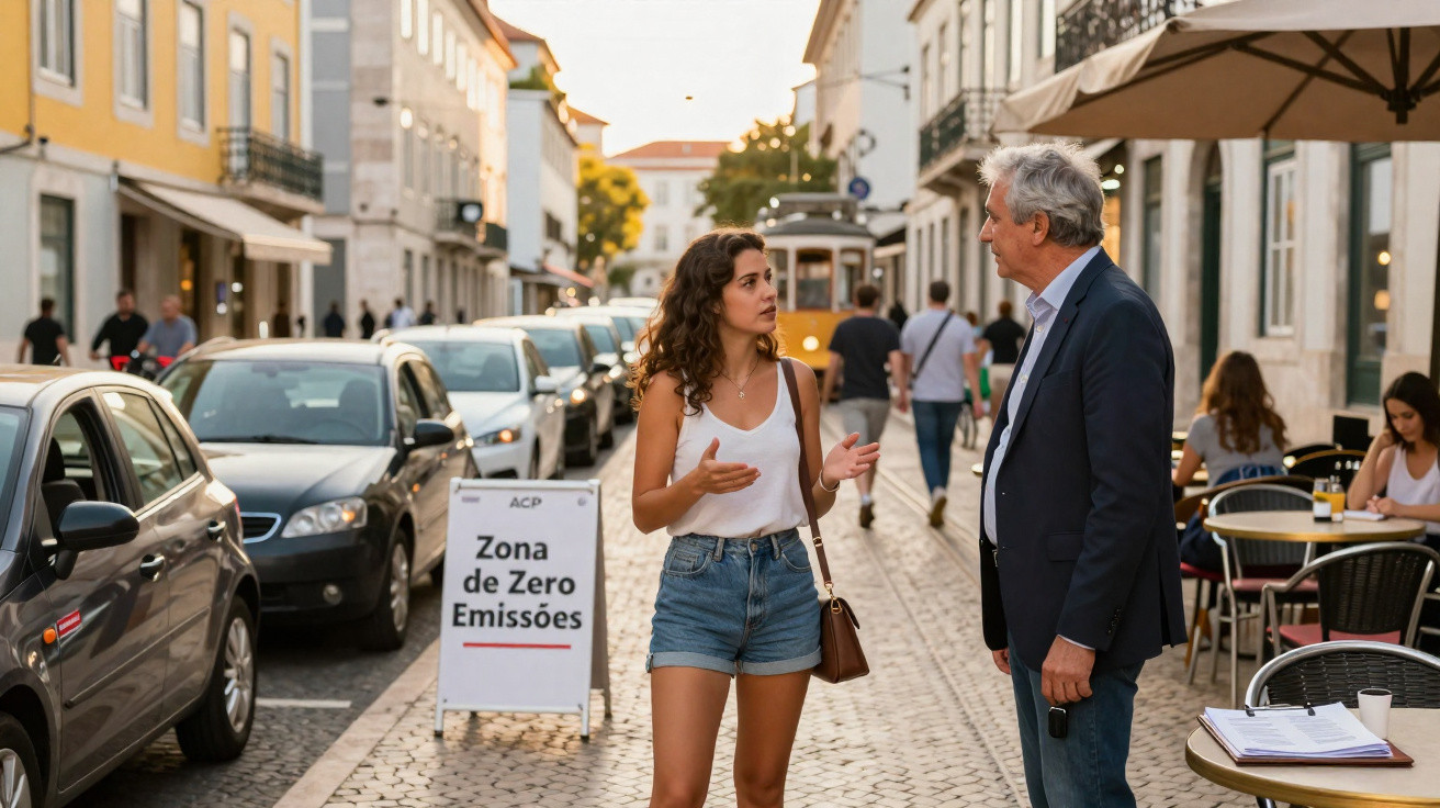 Mulher e homem conversam em rua de zona de zero emissões com carros estacionados e pessoas ao fundo.