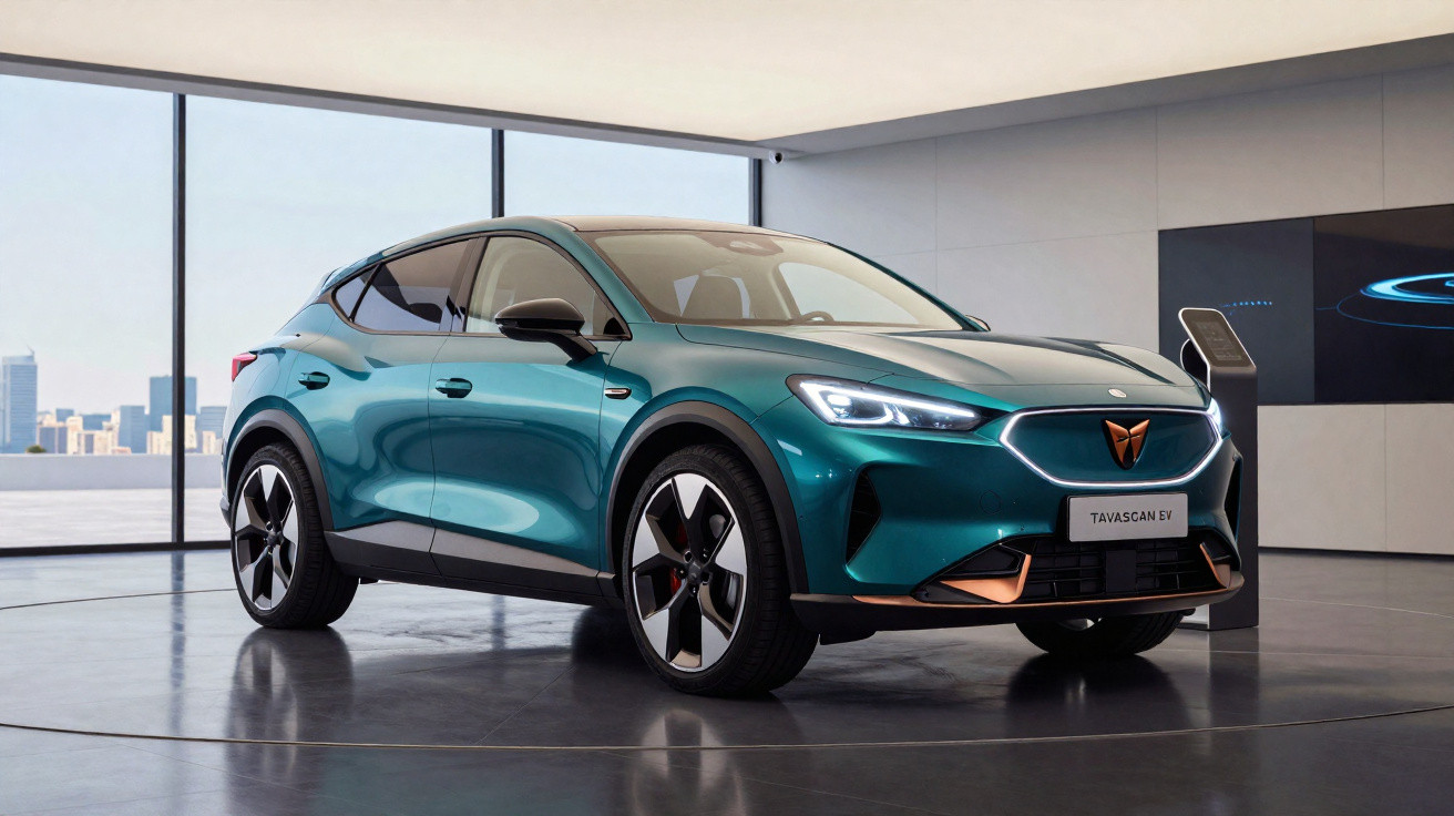 Carro elétrico azul metálico modelo Tavascan EV exibido em salão moderno com janelas panorâmicas.