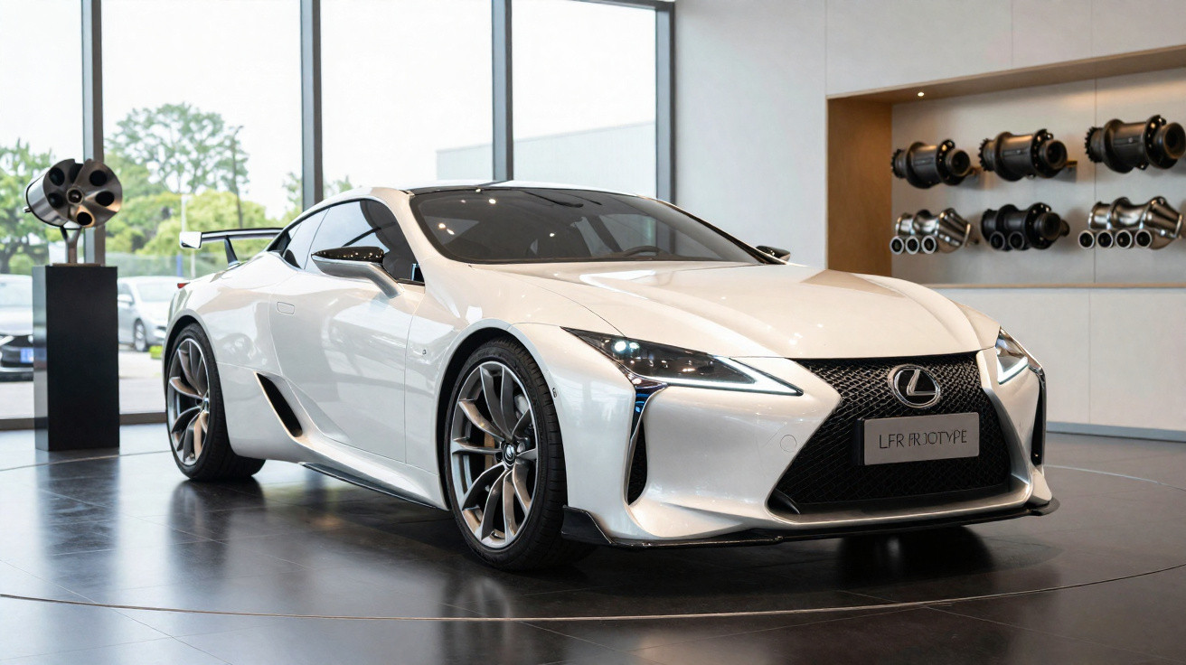 Carro esportivo branco Lexus LFR em exposição com motores na parede ao fundo, luz natural entrando pela janela.