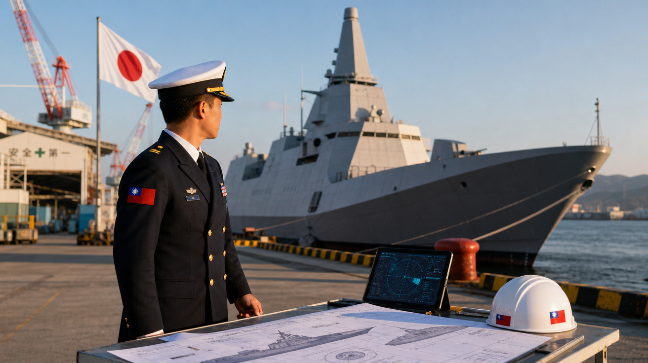 Oficial naval em uniforme observa navio militar atracado enquanto analisa plantas e radar no cais ao pôr do sol.