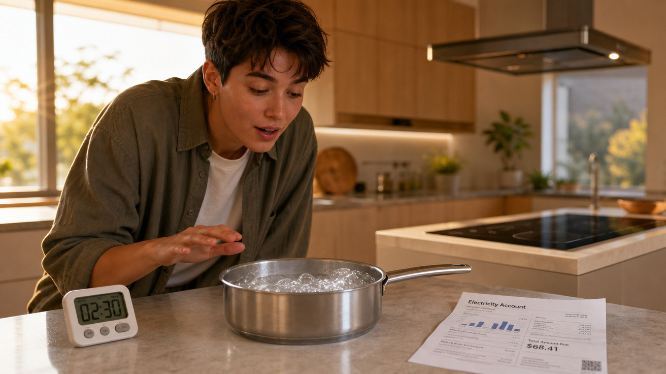 Jovem observa panela com água fervendo na cozinha, ao lado de timer digital e conta de eletricidade.