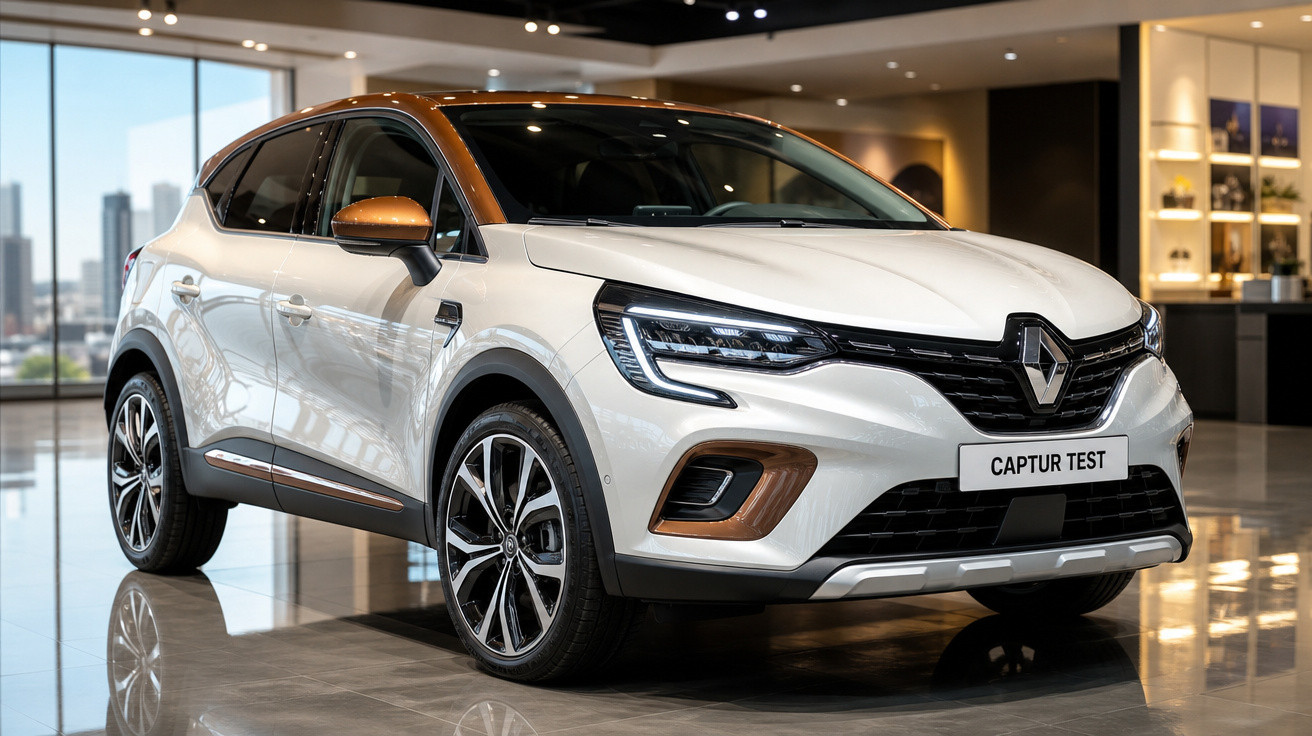 Carro Renault Captur branco com detalhes em bronze exposto em showroom moderno e iluminado.