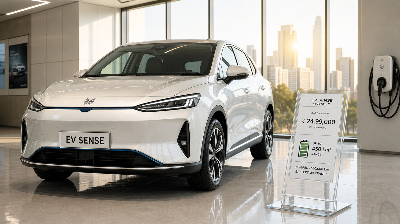Carro elétrico branco EV Sense exibido em showroom moderno com placa de preço e estação de recarga ao fundo.