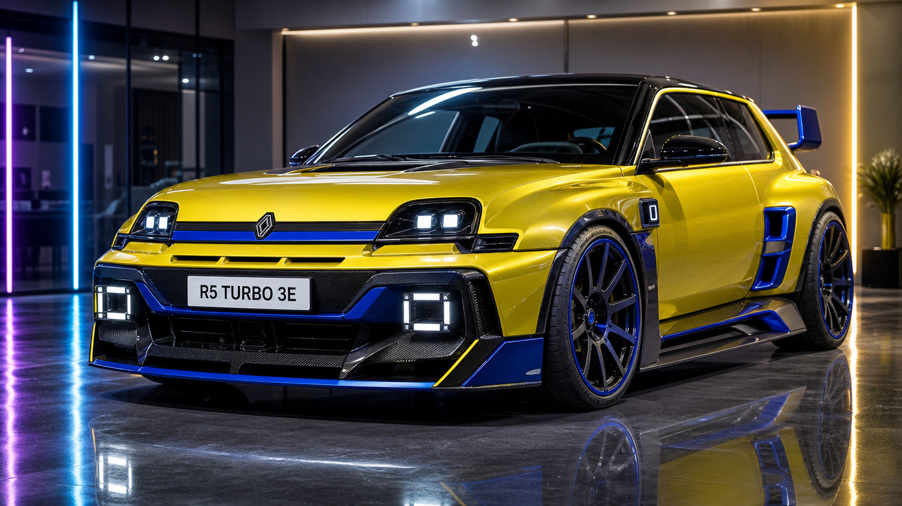 Carro esportivo elétrico Renault R5 Turbo 3E amarelo com detalhes azuis em ambiente interno iluminado.