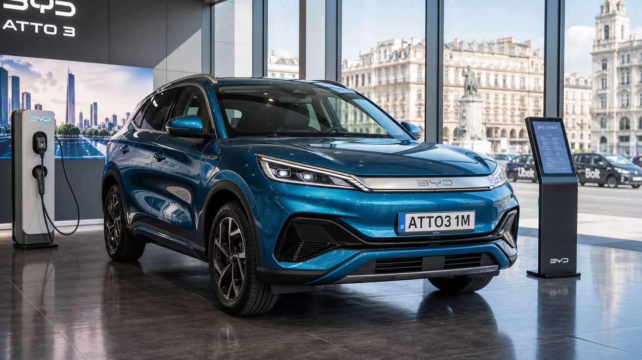 Carro elétrico azul BYD Atto 3 exposto em showroom com janela para cidade ao fundo.