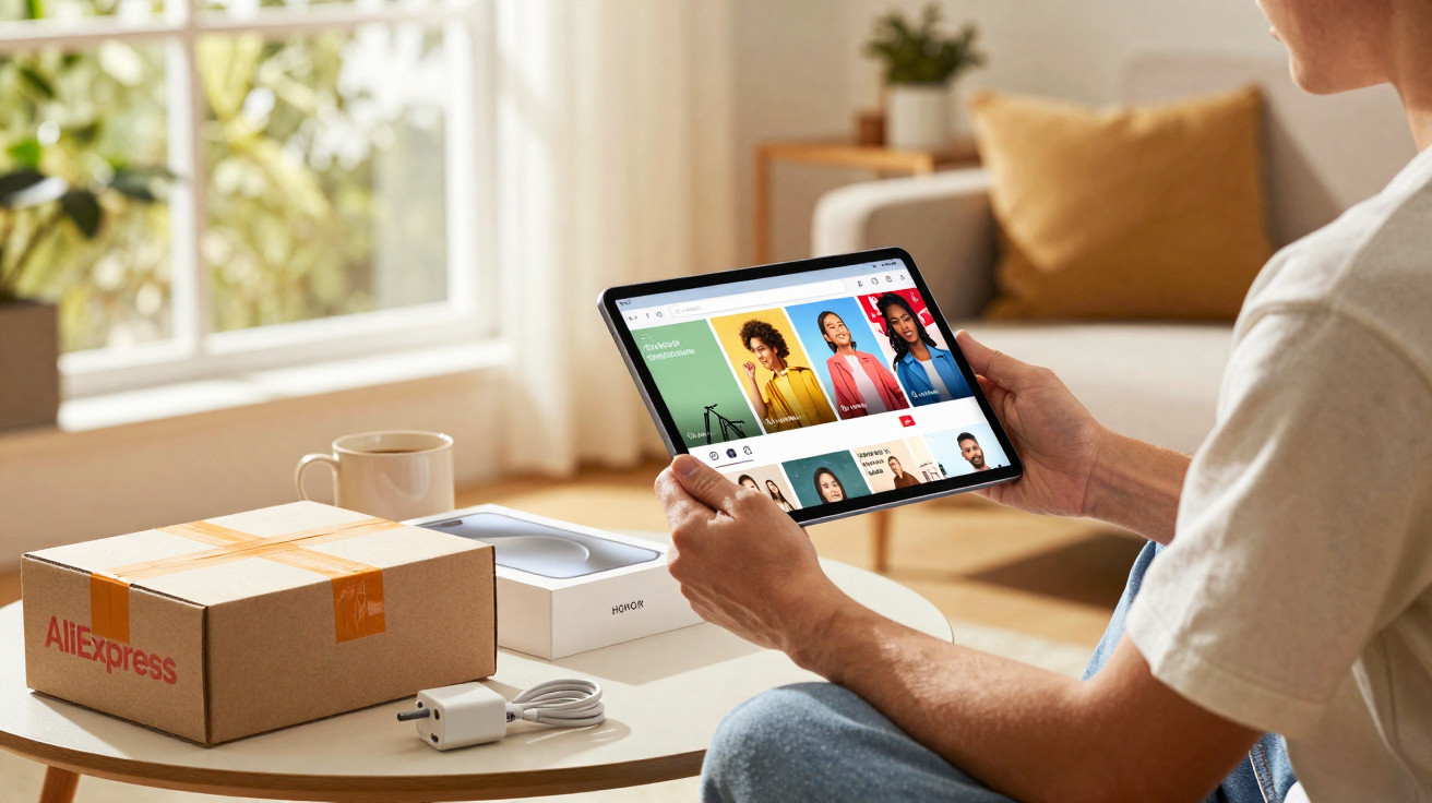 Pessoa segurando tablet vendo site de compras, com caixa da AliExpress, carregador e embalagem de eletrônico na mesa.