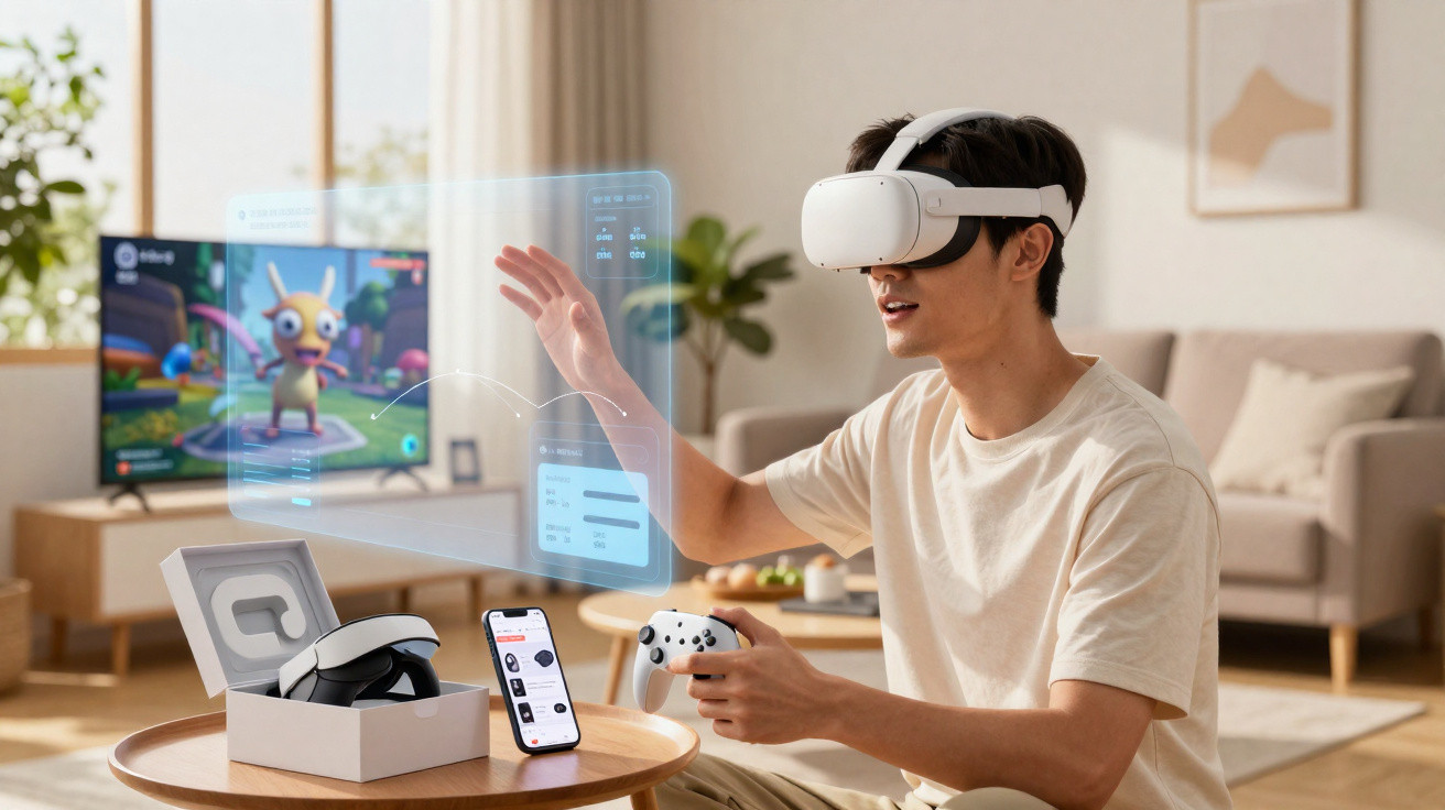 Jovem usando óculos de realidade virtual e controle joga em sala de estar com TV e smartphone.