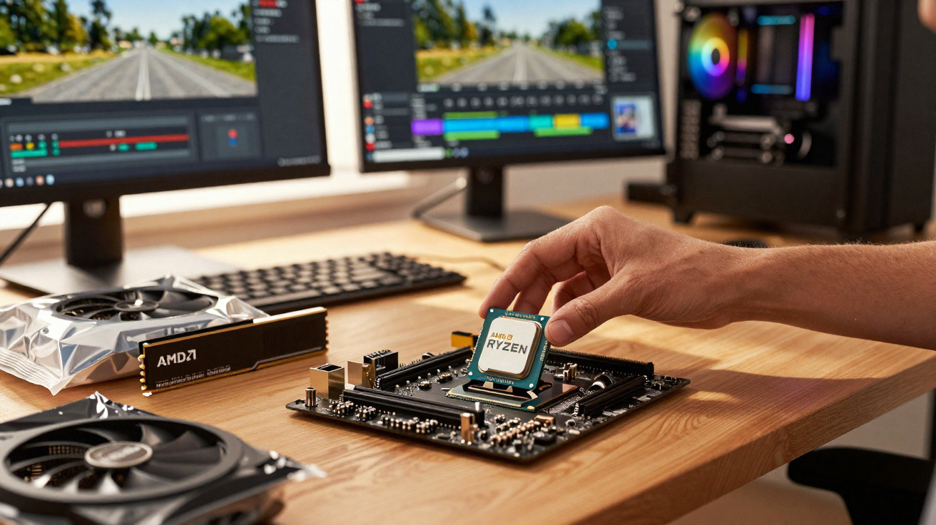 Pessoa segurando processador AMD Ryzen para instalação em placa-mãe com peças e dois monitores ao fundo.